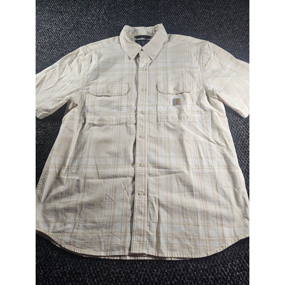 Carhartt Mens Large Loose Fit Plaid Short Sleeve Button Up Work Shirt Beige